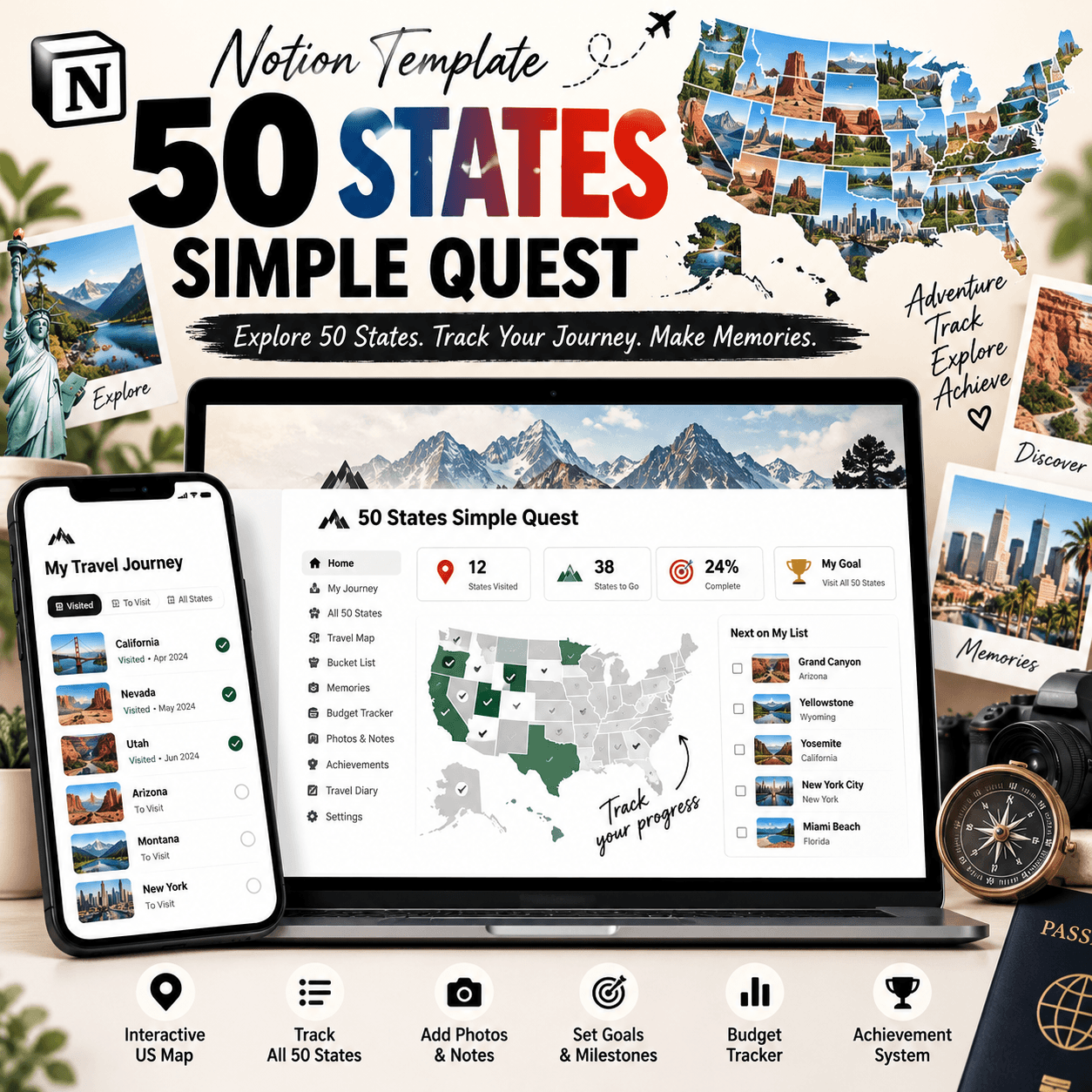 50 States Travel Notion Template