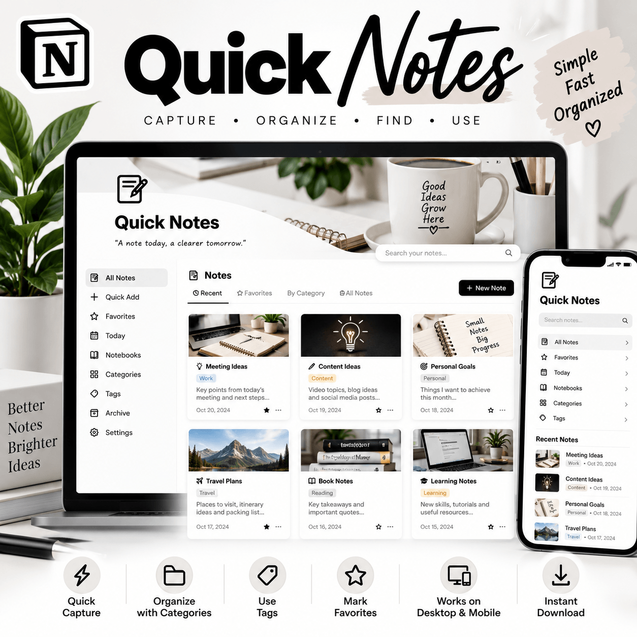 Quick Notes Notion Template Mockup