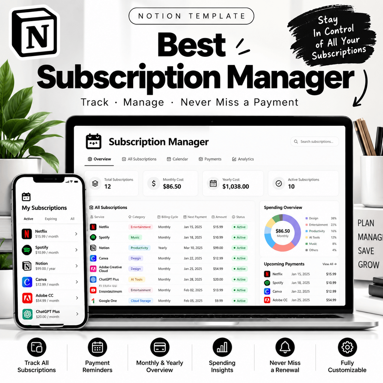 Subscription Manager Notion Template Mockup